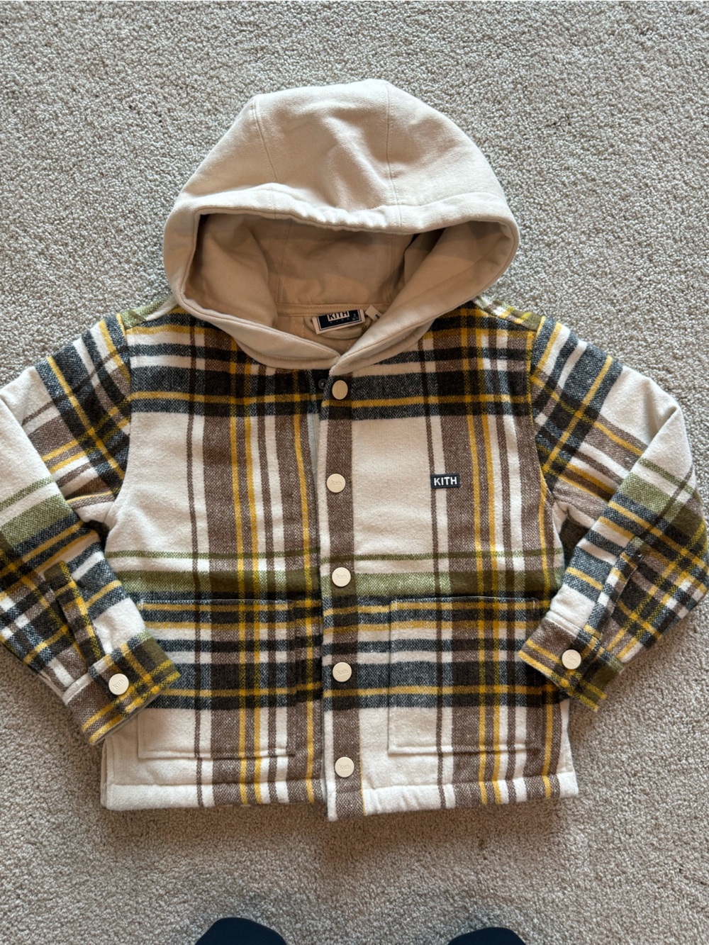 Kith Plaid Hooded Flannel Jacket in Cream, Olive, Yellow, Gray